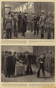 The Departure of the Duke of Cornwall and York, the Arrival of the King and Royal Party at Portsmouth, the King Bestowing Victorian Orders and Medals on Naval Officers and Men by Frederic de Haenen