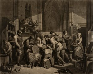 William Caxton Examining First Proof Sheet from His Printing Press in Westminster Abbey, A.D. 1474