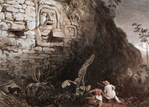 Hunter and His Guide Before the Mayan Head of Itzam Na by Frederick Catherwood