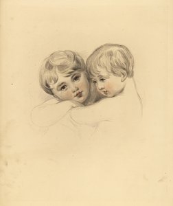 Portrait of the Calmeady children in an embrace. Hand-tinted engraving by Frederick Christian Lewis after an illustration by Sir Thomas Lawrence from P.G. Patmore’s Cabinet of Gems, Ackermann, London by Frederick Christian Lewis