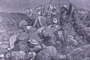 The feigned surrender which drew the Liverpools into a desperate position (illustration from After Pretoria: The Guerilla War, 1902) by Frederick Judd Waugh