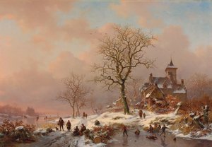 Winter Landscape with Figures Playing on the Ice by Frederick Marianus Kruseman