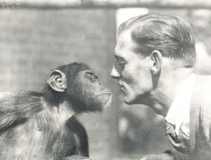 Booboo the Chimpanzee and John Shelly at ZSL London Zoo, September 1927