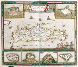 Map of the Island of Crete, with Views of the Fortified Towns La Cane and Heraklion and the Fortresses of Spinalonga, Retino, Thine and Souda by Frederick de Wit