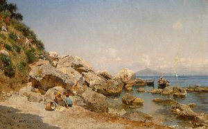 On The Beach, Capri With Vesuvius in the Background