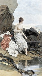 Woman by the Sea Bathing in Hiding - Allegory of Summer, Calendar Illustrated by Hubert Dys, Painted by F.H. Kaemmerer by Frederik Hendrik Kaemmerer