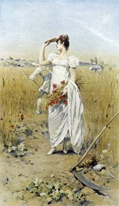 Woman with wheat and poppies - late summer allegory, calendar illustrated by Hubert Dys, painted by F.H. Kaemmerer by Frederik Hendrik Kaemmerer