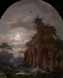 Monk Meditating near a Ruin by Moonlight by Frederik Marinus Kruseman (signed by artist)