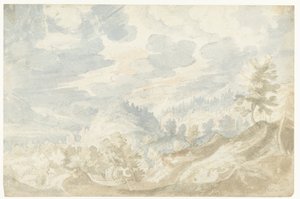 Mountain Landscape with a View of a Valley (Possibly the Danube) and a Church Tower