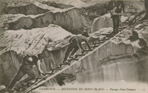 Chamonix - the ascent of Mont Blanc. Climbers passing a crevice. Postcard sent in 1913 by French Photographer