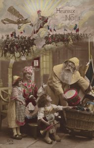 Father Christmas Giving Presents to Children, with World War I Battle in Background by French Photographer