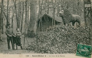 Father and son looking at lion sculpture in Saint Dizier. Published by the Library of A Gauthier by French Photographer