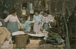 Market stall at Les Halles in Paris, France. Postcard sent in 1913 by French Photographer
