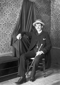 Portrait of a young man, headdress of a canoer, posing in the Abbey of Septfontaines, near Bourmont en Haute Marne. Photography late 19th century. Ducos Collection. by French Photographer