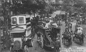 Postcard Showing an Omnibus Station on the Crossroads of Boulevard Montmartre and Boulevard des Italiens, Paris, 1905-10