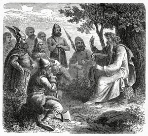 A Bard reciting to Northmen, c.1882 by French School