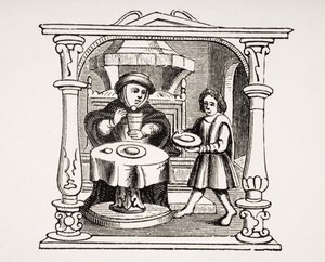 A Burgess Eating his Meal, after an illustration in a 16th century manuscript, from Le Moyen Age et La Renaissance by Paul Lacroix (1806-84) published 1847 by French School