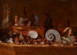 A Cabinet of Curiosities: Shells with Coral and a Wooden Box as well as Antiquities Including an Egyptian Ushabti on a Stone Plinth