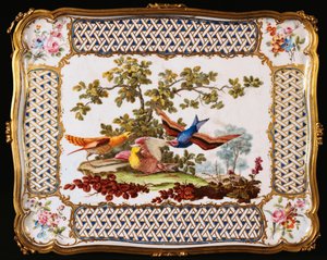 A Louis XV Sevres tray decorated with three exotic birds in a landscape, forming the top of a table a cafe by French School