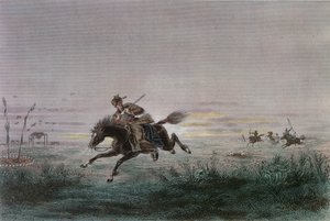 A Postman of the American Pony Express being attacked by Native Americans by French School