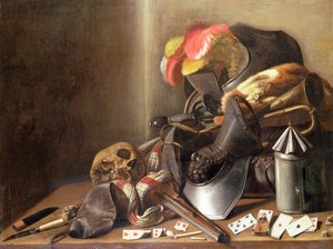 A Vanitas Still Life with a Skull, Playing Cards and Armour by French School
