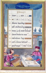 Victorian calendar sheet for February with an illustration from the Book of Hours of Anne de Bretagne by French School