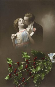 A Couple in Love and Holly Branches. Postcard Early 20th Century by French School