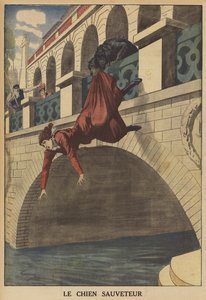A dog saving a woman from falling from a bridge (colour lithograph) by French School