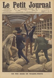 A madman in a mail carriage on a train arriving in Paris by French School