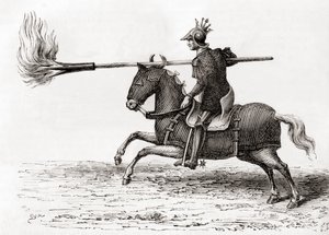 A medieval knight carrying a fire lance, or fire spear, one of the first gunpowder weapons in the world, from Les Merveilles de la Science, published c.1870 by French School