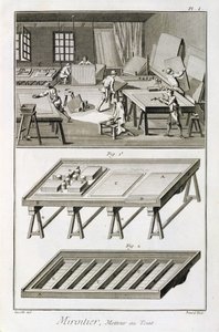 A mirror makers workshop and tools, from the Encyclopedie des Sciences et Metiers by Denis Diderot published c.1770 by French School