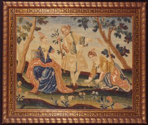 A Needlework Picture of Woman in a Park with a Birdcage