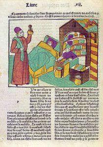 A patient with a doctor and a pharmacist, from Le Livre des Proprietes des Choses by Barthelemy l