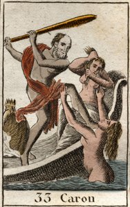 Representation of Charon, ferryman of the Underworld, allowing the deceased to cross the river Acheron (or Styx). From “Mythology of Youth” by Pierre Blanchard 1803.