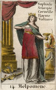 Representation of Melpomene, Muse of Tragedy, with a crown, a tragic mask, a knife and a cup of poison. From 