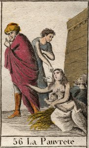 Representation of Poverty, barefoot and clothed in shards, sitting on straw. From “Mythology of Youth” by Pierre Blanchard 1803.