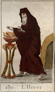 Representation of Winter as an old man warming himself by a fire. From 