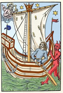 A ship among the dangers of the sea. A demon seized the bow while God manifested himself on the left. Engraving from “The Great Calendar and Compost of the Shepherds”, Troyes 1491