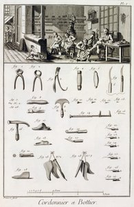 A shoe and bootmaker and their tools, from the Encyclopedie des Sciences et Metiers by Denis Diderot published c.1770 by French School