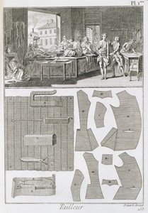 A tailors workshop and patterns, from the Encyclopedie des Sciences et Metiers by Denis Diderot published c.1770 by French School