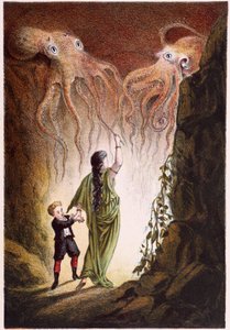 A Woman and a Boy Attacked by Two Giant Octopuses - in Journey to the Bottom of the Sea by H. de la Blanchère by French School