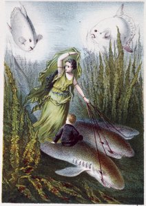 A Woman and a Boy Fleeing Giant Fish on Sharks - in Journey to the Bottom of the Sea by H. de la Blanchère by French School