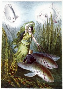 A Woman and a Boy Fleeing Giant Fish on Sharks - in 