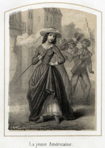 A young American woman causes fights between her suitors. Anonymous engraving of the 19th century by French School