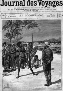 Aborigines of Australia using a boomerang, late 19th century. Engraving in 