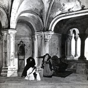 Act IV, Scene 2 of Pelleas et Melisande by Debussy (from a photograph of the first production in April, 1902 of the opera at the Opera-Comique in Paris, illustration in Theatre magazine, June, 1902) by French School