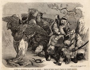Actors and Dancers of the Mikado Court in Stage Costume. Engraving to Illustrate the Voyage to Japan in 1863-1864, by Aime Humbert, Minister of the Swiss Confederation, in 