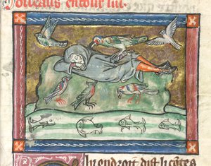 A sleeping man surrounded by birds, illustration from 