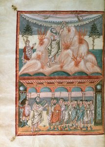 Moses receiving and transmitting the Law of God on Mount Sinai, from the Moutier-Grandval Bible, c.834-843