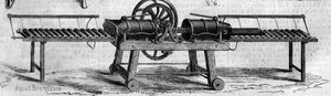 Agricultural machine: a machine for making drainage pipes presented at the 1860 Agricultural Exhibition in Paris. Engraving in 